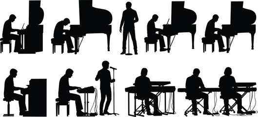Black vector silhouette collection of professional male musicians playing grand pianos electronic keyboards and singing into microphones isolated on a white background for design. © MSTMUNMUN