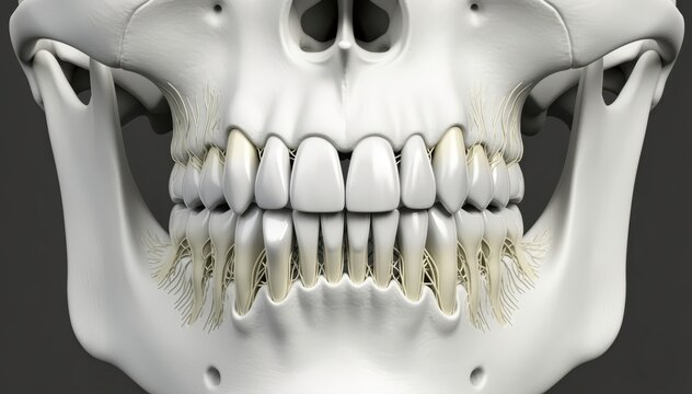 Anatomy of the Human Jaw: A detailed medical illustration showcasing the intricate structure of a human jaw, highlighting the arrangement of teeth and skeletal framework.