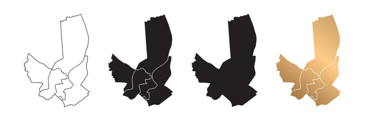 Vector maps of Bordeaux, France, in various styles, with black and gold lines.
