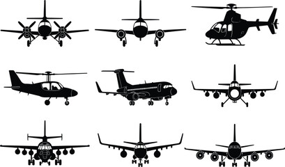 Set of black and white aircraft silhouettes including airplanes helicopters and passenger jets for aviation travel and transport cad drawing flat vector illustration © Shree