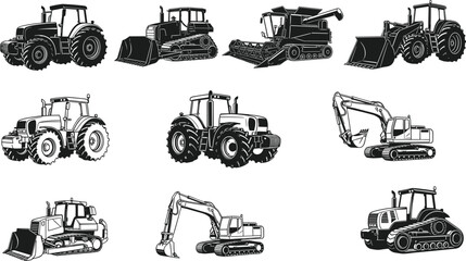 Black, and, white, illustration, set, of, heavy, machinery, including, tractors, excavators, bulldozers, and, a, combine, harvester, isolated, on, white, background, flat, vector, design © MSTMUNMUN