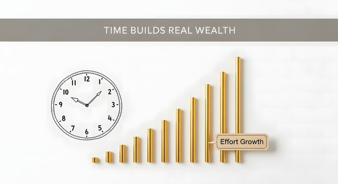 Time Builds Real Wealth with Clock and Bar Graph Showing Growth