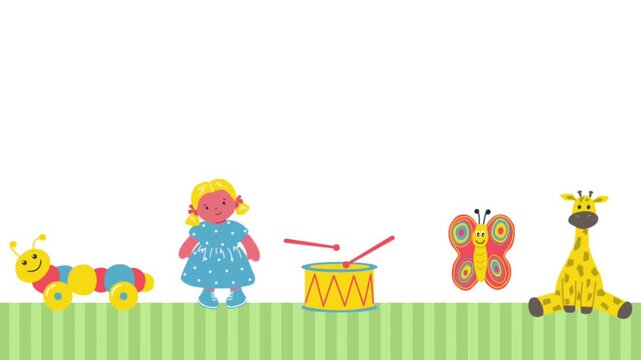 Toys Animation. Moving Childrens Toys. Loop Background. Doll, Giraffe, Butterfly, Drum. Toys for Little Children. Video in Red, Blue, Yellow, Green, White