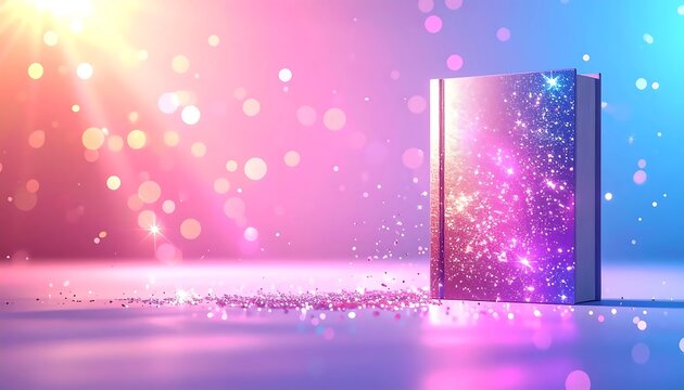 A futuristic, shiny object emits colorful sparkles on a vibrant background