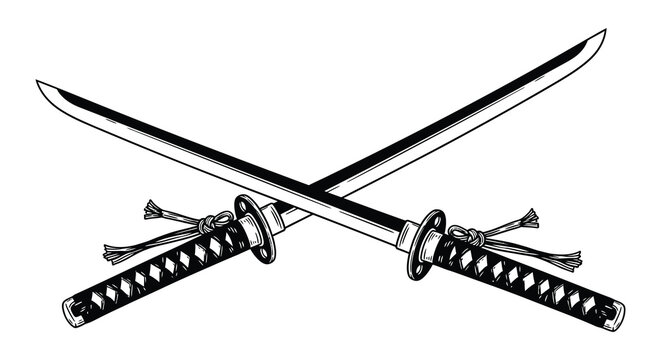 Two crossed japanese katanas with intricate hilts presented in a striking silhouette high quality professional detailed