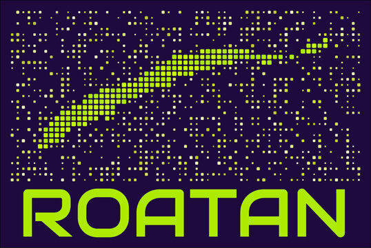Roatan dots map. Honduras. Digital style shape of the island. Roatan map and title lime colored square dots with round corners. Amazing Vector Illustration.