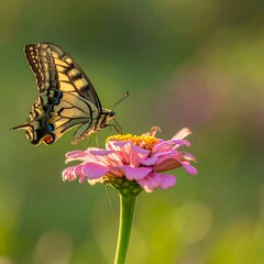 A yellow and black butterfly on a pink flower