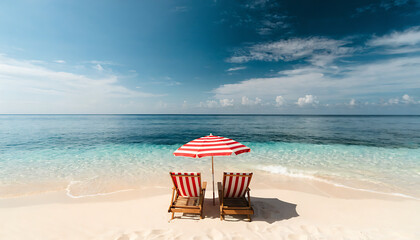 Two empty red and white striped beach chairs under umbrella on sunny tropical sandy shore with turquoise ocean waves and blue sky © MS Sumaiya