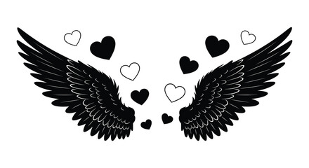 A striking pair of black wings surrounded by hearts creating a symbolic and emotive image silhouette © AL-AMIN