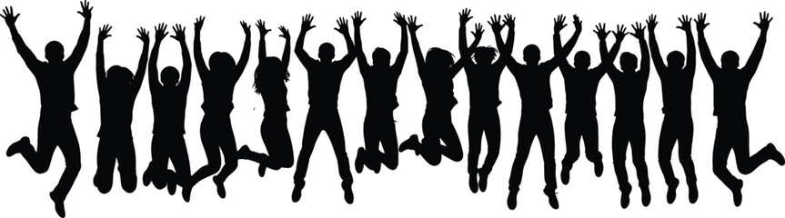 Large group of happy people jumping in the air black silhouette of diverse men and women celebrating success and freedom together