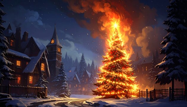 A snowy village at night with a burning Christmas tree