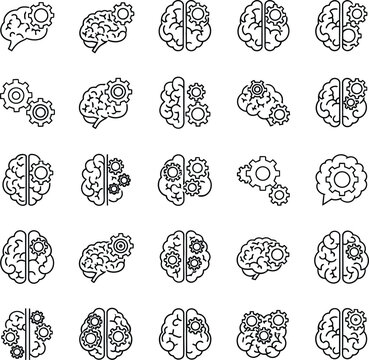 Outline vector icons of brain and gears. Concepts of creative thinking, problem-solving, intellectual process, mental development, and brainstorming in minimalist line art style.