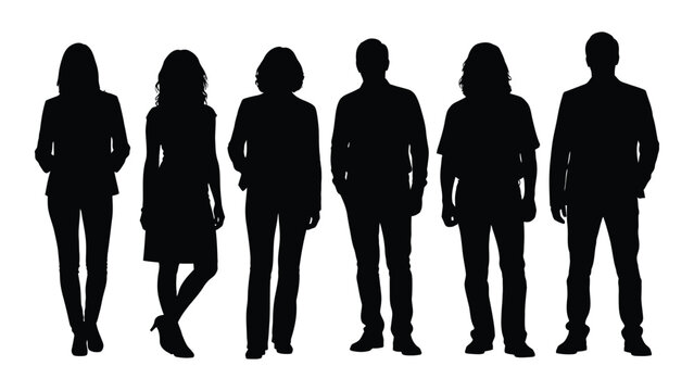 A group of six black silhouettes of people standing in a line on a white background, representing unity and togetherness in a minimalist and modern style.