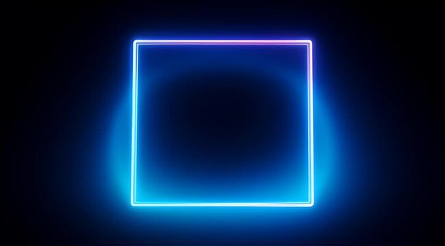 Glowing square frame on black background, with vibrant blue and pink light