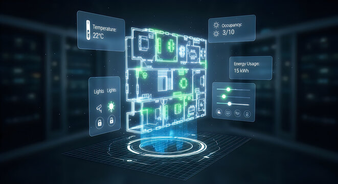 Futuristic smart building management system with holographic data visualization, enabling real-time environmental control and energy efficiency monitoring