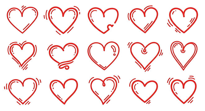 A collection of hand-drawn red hearts on a white background