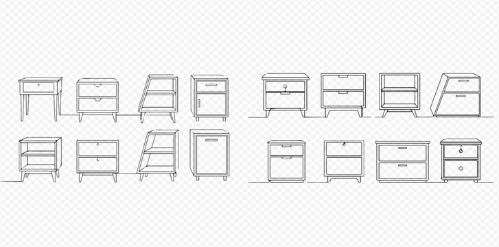Set of nightstands, bedside tables, and chest of drawers in outline style, isolated on a transparent background. Vector illustration of furniture for bedroom interior design.