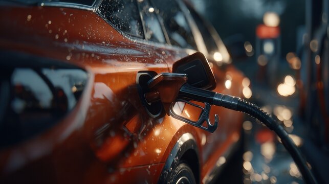 Orange car being refueled at a gas station with bokeh background effect