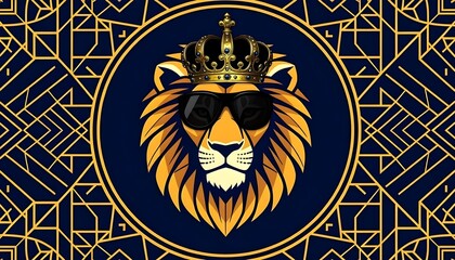 Obraz premium Single geometric lion head motif - Surrounded by repeating abstract geometric ornaments with a contemporary modern art style