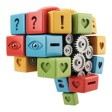 Colorful Wooden Block Puzzle with Symbols and Gears Representing