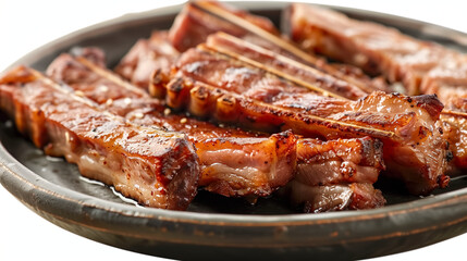 Close-up of grilled Korean pork belly skewers served on a ceramic plate. Juicy roasted meat with crispy edges and glossy glaze