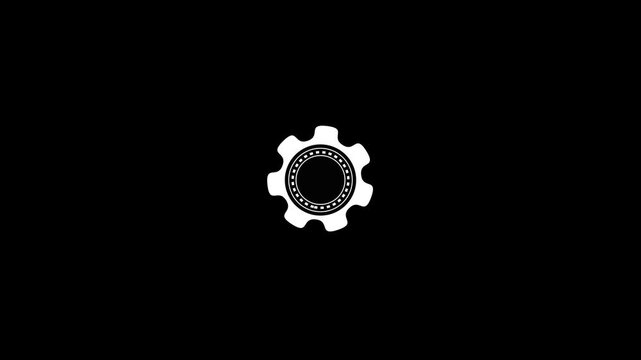 White gear cog icon with circular pattern on black background cogwheel mechanical