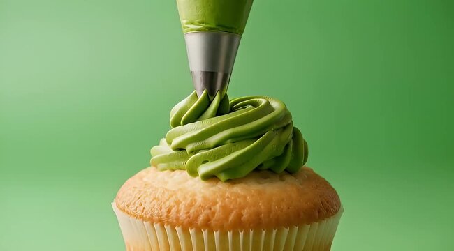 Close up image of a cupcake being frosted with bright green icing