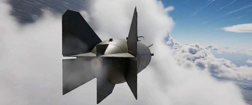 A cinematic video of a nuclear bomb falling from the sky through clouds with a dramatic downward trajectory