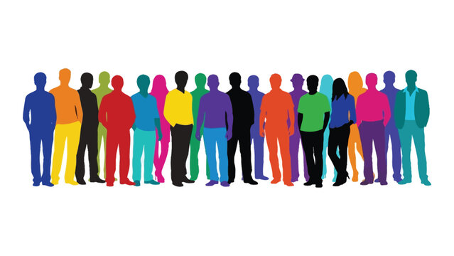 Vibrant diverse group of people standing together in unity and harmony with various colors and silhouettes representing individuality and inclusivity