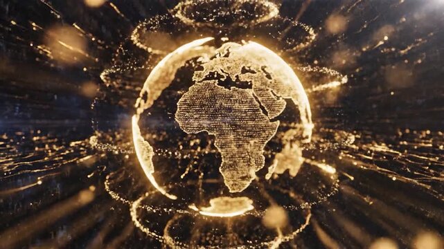 Abstract glowing digital planet with energy streams emanating outwards