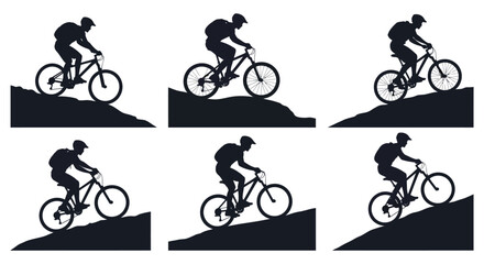 Obraz premium A series of black silhouettes depicting cyclists riding mountain bikes uphill a dynamic composition silhouette