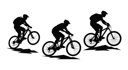 Naklejka premium Three mountain bikers in action dynamically positioned against a white background silhouette high quality professional detailed