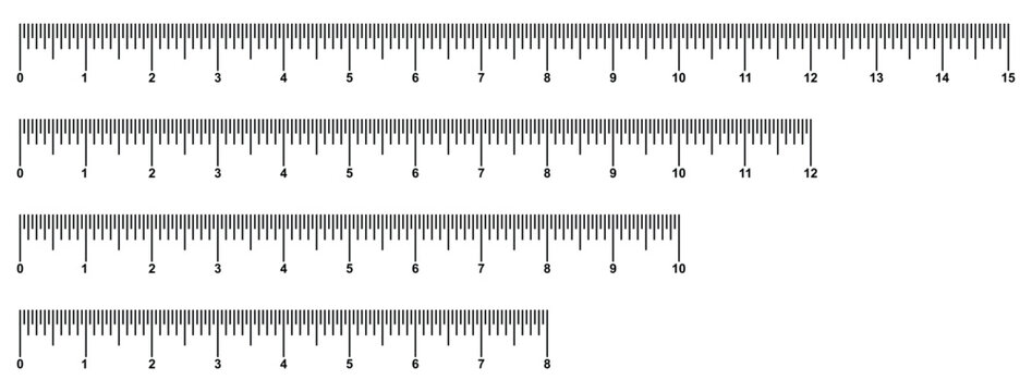 Measuring chart 8,10,12,15 inches. Set of ruler scales twelve, fourteen. Sewing tool icons. Length measurement math, distance, height. Measuring sticks. Distance, height, length measurement. 