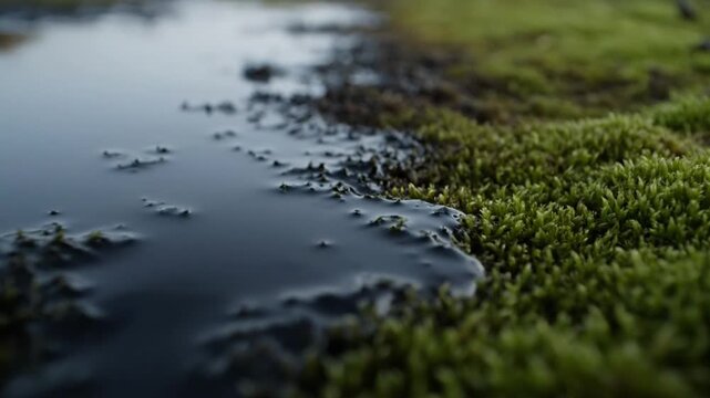 Close-up of a tranquil water's edge meeting vibrant green moss, highlighting nature's intricate textures and the serene beauty of a peaceful natural micro-landscape