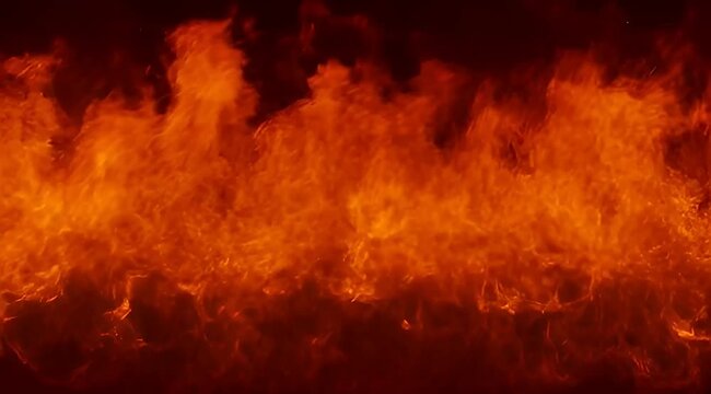 Vivid display of intense blazing flames against a dark background, powerful imagery