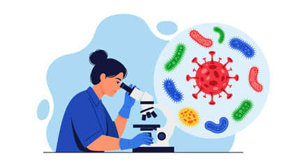 Illustration of a scientist examining a virus under a microscope with colorful microorganisms floating nearby.