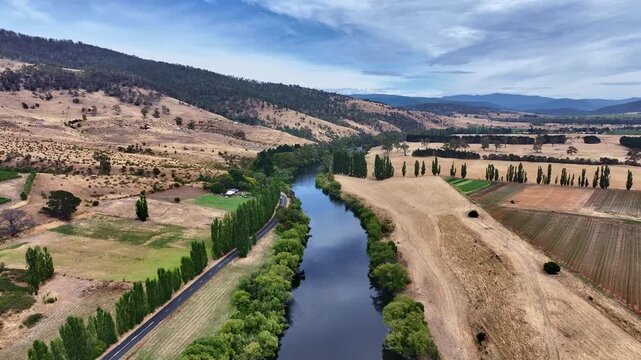 Spectacular aerial footage of Upper Derwent River near New Norfolk Tasmania Australia
