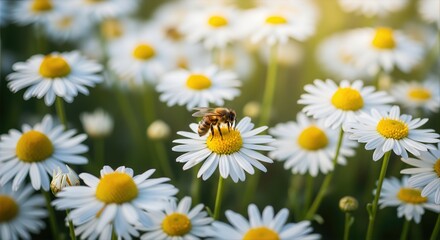 A honeybee collects pollen from daisies in a sunlit meadow. This close up captures the tranquility of spring, highlighting nature, conservation, and honey production.