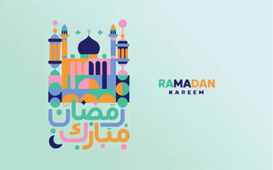 Colorful Geometric Ramadan Kareem Mosque Illustration with Arabic Calligraphy Keywords: Ramadan, Kareem, Islamic, Muslim
