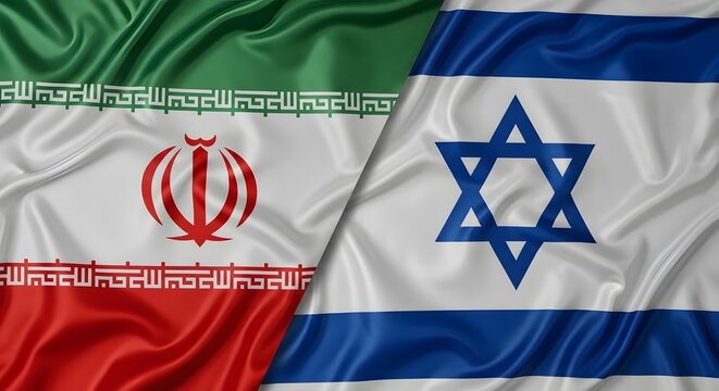 Iran and israel national flags side by side with green white red and blue colors