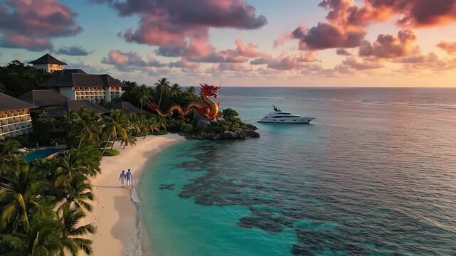 Tropical resort with a large dragon sculpture on a rocky outcrop