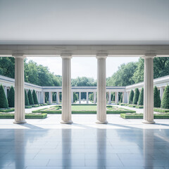 Elegant white columns frame a hall with views of a manicured garden in daylight. This serene architectural scene suggests luxury, travel, and real opportunities.