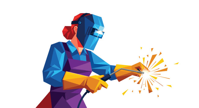 Female welder in protective gear performing welding work with sparks flying.