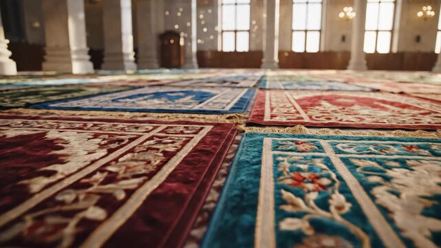Vibrant prayer rugs arranged neatly across a grand mosque interior, showcasing intricate Islamic patterns and bathed in soft, natural light from towering windows