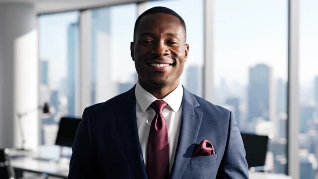 A smiling businessman in a suit waves hello in an office setting