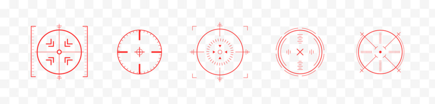Crosshair Hud red. Game interface with tactical Hud. Aiming icons for futuristic shooter or cyber military simulation projects. Flat Vector illustration.