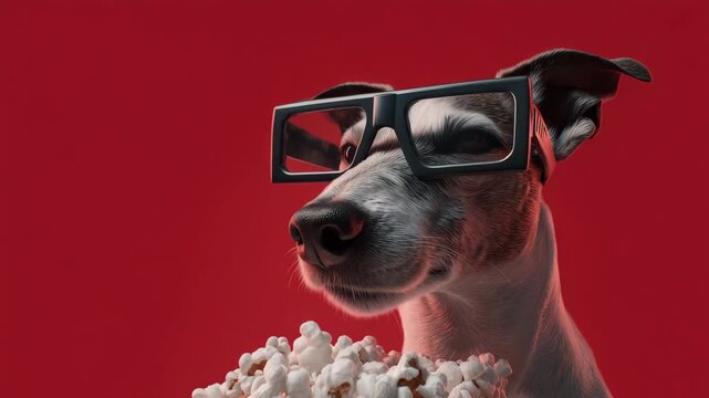 Dog wearing sunglasses enjoys popcorn in a room with red background