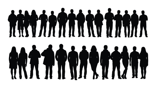 A group of diverse people standing in two rows of silhouettes against a white background, representing a crowd or community of individuals with various poses and attire