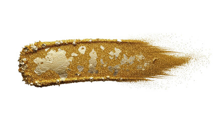 Extreme close-up of a horizontal, distressed golden glitter brush stroke banner, scattering metallic dust, with sharp directional lighting on a stark white void. High-end luxury concept