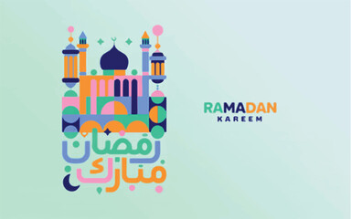 Colorful Geometric Ramadan Kareem Mosque Illustration with Arabic Calligraphy Keywords: Ramadan, Kareem, Islamic, Muslim